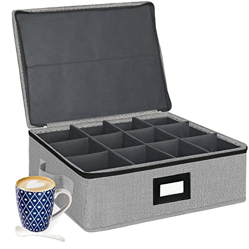 Homyfort Mug Storage Box With Dividers, Tea Cup Coffee Mug Storage Case Organizer, China Storage Containers, Protecting 12 Coffee Mugs And Tea Cups From Packing And Moving (Light Grey) #TOP19