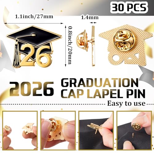 Image of Misdary 30 Pcs Graduation Pins Bulk Class of 2026 Lapel Cap Pin Enamel Jewelry Brooch Graduation Party Favors Gifts for School Student Clothes Bags Decor