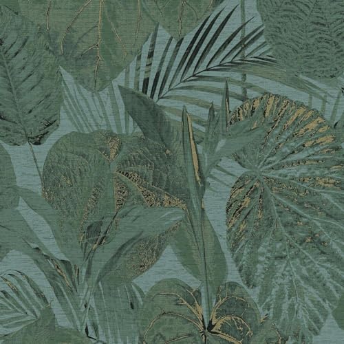 Tropical Leaves Green Wallpaper - Metallic Gold Effect Modern Contemporary - Textured Paste The Wall Vinyl