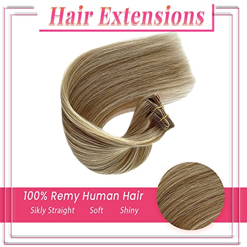 Image of Blonde Clip in Human Hair Extensions Real Remy Natural Hair 20Inch Light Blonde Highlighted Golden Blonde Balayage Clip for Hair Extensions 7 Pieces 70G