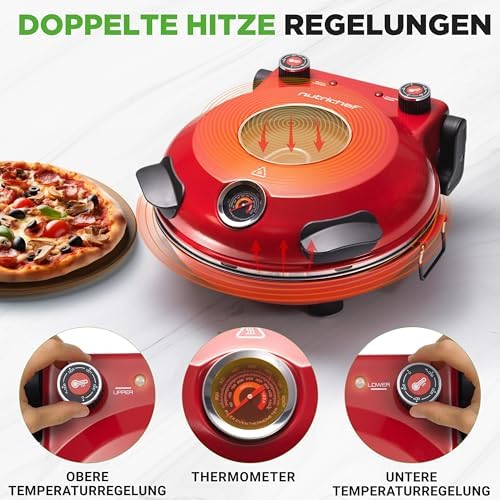 Bild 4 - NutriChef Pizzaofen 30,5 cm mit Pizzastein – 430 °C Ober-/Unterhitze, Sichtfenster, Thermometer, Antihaft, Kompakt, Rot – Knusprige Ergebnisse wie aus dem Steinofen für Zuhause