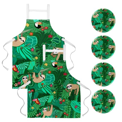 Lot de 2 tabliers de cuisine avec 4 broches et motif paresseux mignon pour le bar