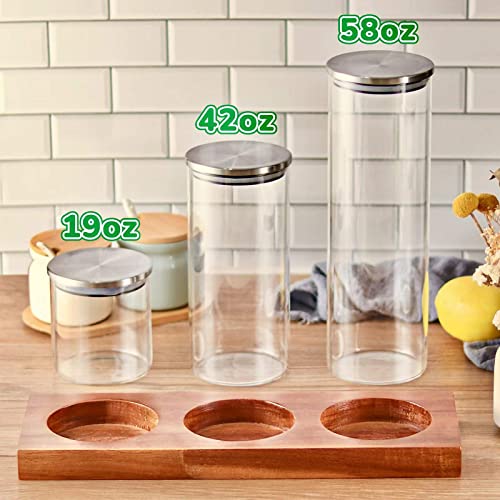 Joequality 3Pcs Kitchen Canisters With Acacia Wood Base,Glass Canisters With Airtight Stainless Steel Lids,Clear Storage Jars For Coffee Beans, Flour, Sugar, Rice And Spaghetti&More #TOP4