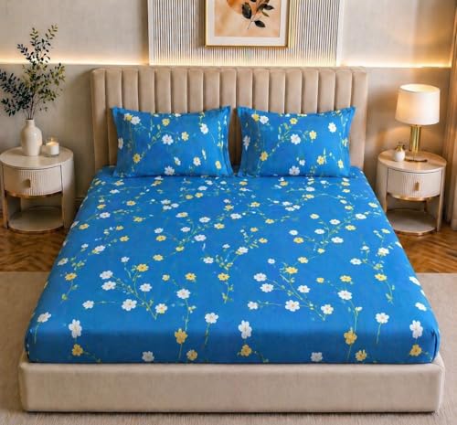Image of Castiqa Elastic Fitted Supersoft Premium Brushed Cotton 200TC King Size Bedsheets with 2 Pillow Covers (Fits Upto Mattress of 10 Inches) (King (72x78), Blue Orchid)