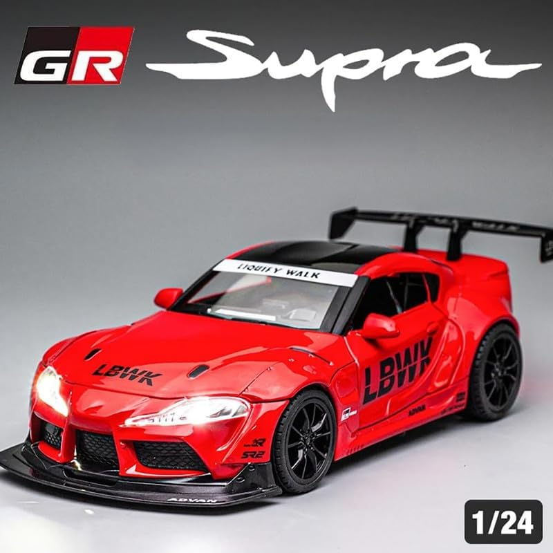 Image of PINQUE Kids Toyota Supra GR LBWK 1:24 Diecast Alloy Metal Pull Back Car With Openable Doors, Music, Sound and Light - Vehicle Toy for Boys (Red)