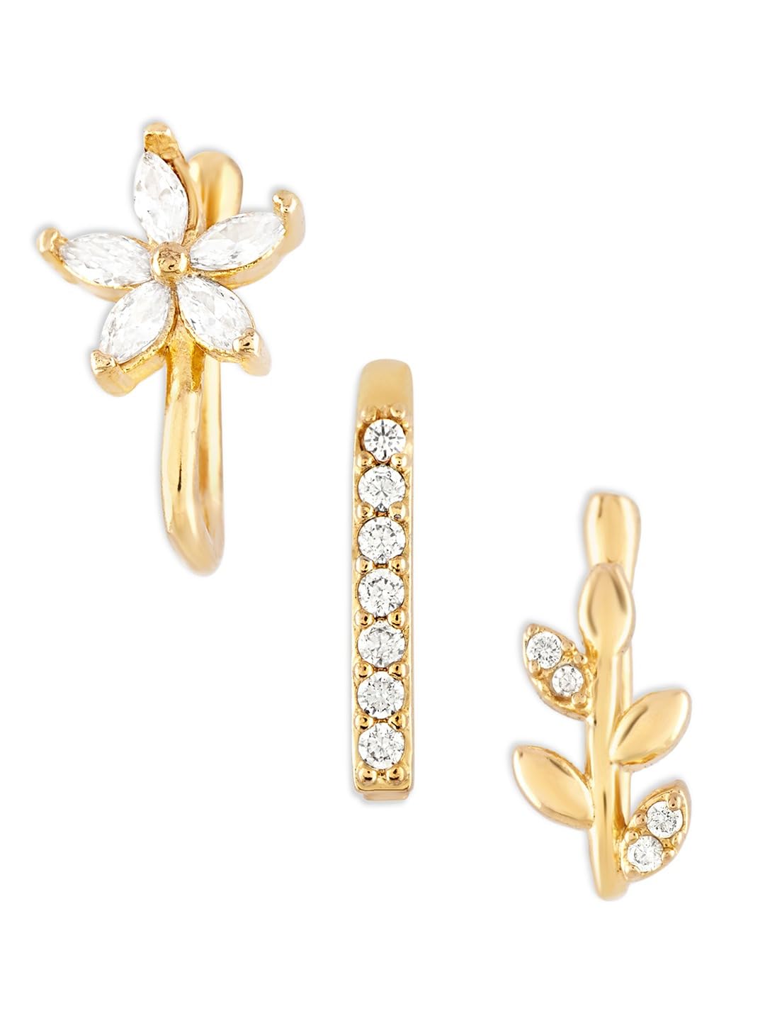 Pack of 3 Gold Tone Cubic Zirconia Contemporary Brass Clip On Nose Pins For Women-ZPFK19319-image-35