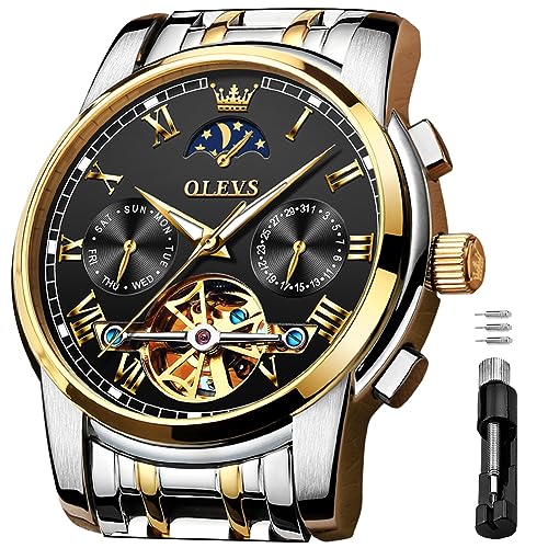 Image of OLEVS Self Winding Watches for Men Automatic Mechanical Skeleton Luxury Dress Waterproof Moon Phase Tourbillon Chronograph Stainless Steel Luminous Wristwatch