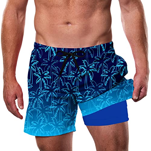 Cozople Mens Shorts Swimwear Stretchy Compression Liner Swim Trunks Summer Upf Quick Dry Swimming Shorts Novelty Gradient Blue Palm Surfing Beach Boardshorts #TOP23