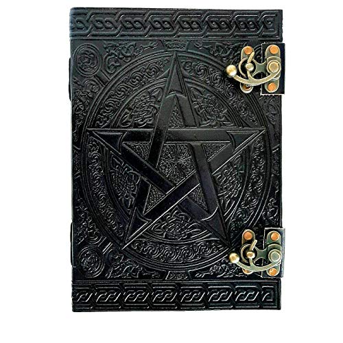 QualityArt Large Black Pentacle Grimoire Book Of Shadow Leather Journal Notebook Blank Book Sketchbook Gift Spell Book Handmade Diary (Black)