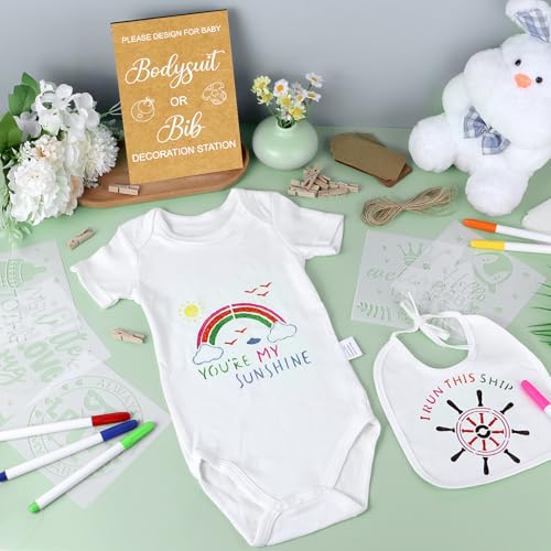 Pydeeirom 151 Pcs Baby Shower Game Decorations Kit with Bibs, Bodysuits, Wooden Sign & Fabric Markers (Classic)2
