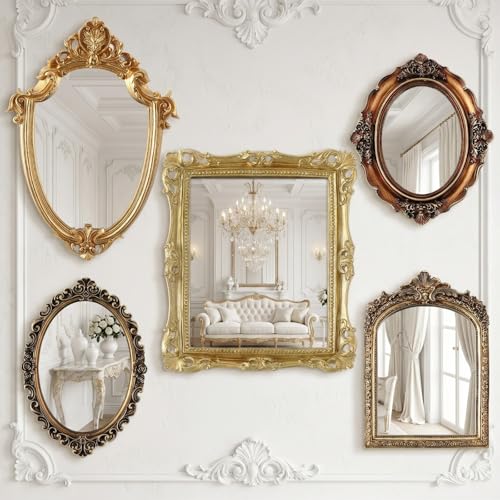 Wonderjune 5 Pcs Vintage Mirrors for Wall Decor Gold Antique