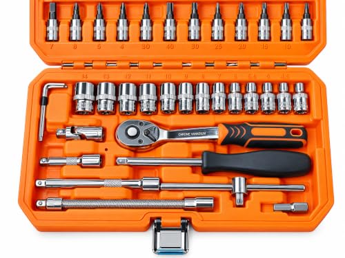Image of 46 Pcs 1 /4 Inch Drive Ratchet Socket & Bit Set, Chrome Vanadium Steel Tool Kit with Knurled Sockets, Mirror Finish & Heavy Duty Grip Handle for Home, Garage & Workshop