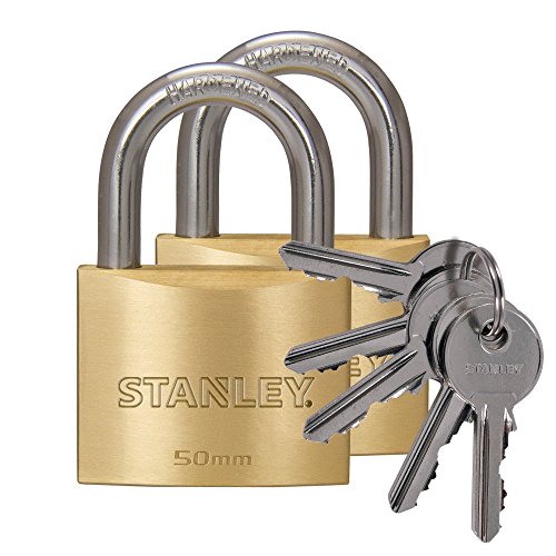 STANLEY Messing-Vorhangschloss 50 mm Standardbügel, 2xStück, gleichschliessend, 5 Schlüssel, S742-037, Bügelschloss, für Zaun, Kette, Schuppen, Keller