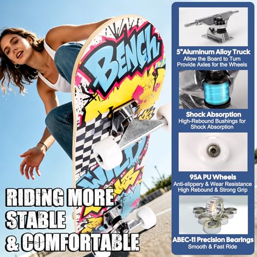 Image of Skateboards for Beginners Adults Youths Teens Kids Girls Boys 31 Inch Pro Complete Skate Boards 7 Layer Canadian Maple Double Kick Concave Longboards
