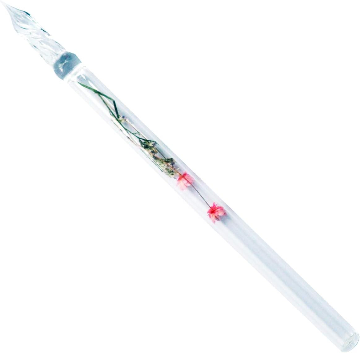 Glass Dip Pen Vintage Handmade Glass Signature Pen Writting Crystal Pen for Gift Artist Pen Quick Note Pen (Dried flower pink)