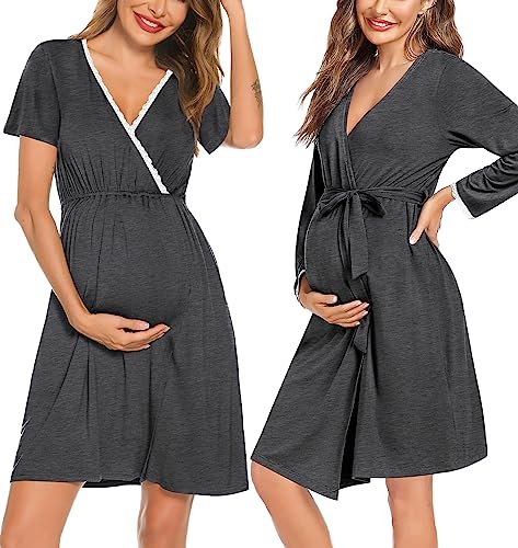 Image of SWOMOG Womens Maternity Nursing Nightgown and Robe Set 3 in 1 Labor Delivery Gown Hospital Bathrobe for Breastfeeding