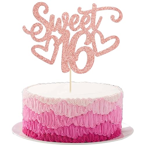 Gyufise 1Pc Sweet Teenager 16 Cake Topper Glitter 16th Birthday Cake Pick for Cheers to 16 Years Old 16th Birthday Party Cake Decorations Supplies Rose Gold