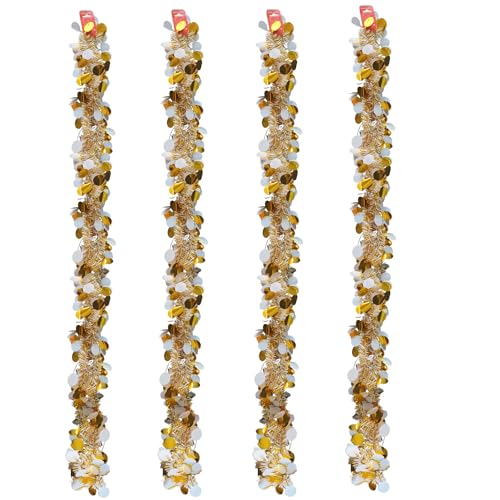 4 Pack New Year Party Tinsel Garland Decoration White Gold Tinsel Garland Shiny Hanging Metallic Tinsel Ornaments for Christmas New Years Eve Birthday Graduation Party Supplies