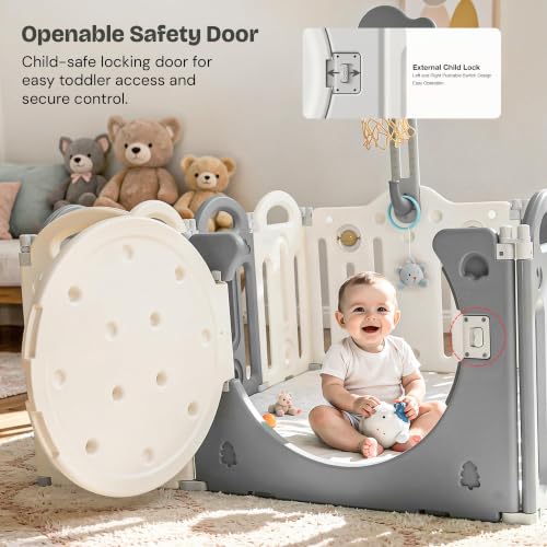 Image of Baybee Kids Playpen for Babies | Foldable Baby Play Area Indoor Setup with Basket Ball Hoop, Safety Door Lock & Double Knob | Outdoor Play Pen for Baby for 0 - 5 Years Boys Girls | Baby Activity Playards with Kids Customized Shapes (Grey-12 Panels)
