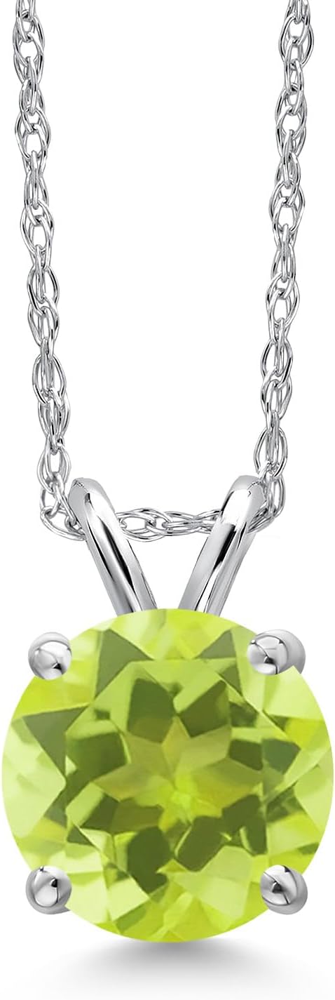 Gem Stone King 14K White Gold Yellow Lemon Quartz Pendant Necklace for Women | 1.20 Cttw | Gemstone Birthstone | Round 7MM | With 18 Inch Chain