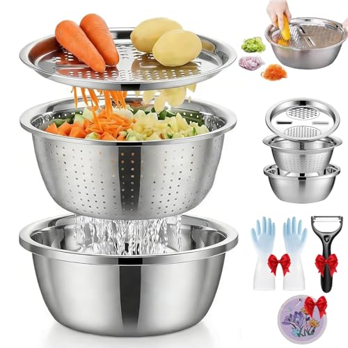 Qosneoun Set di ciotole 3 in 1 in acciaio inox con colino e coperchio grattugia, multifunzione per verdure, centrifuga per insalata e ciotola per la preparazione dei pasti in cucina, design