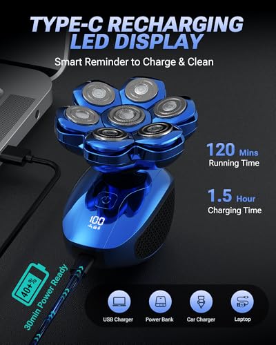 Image of Head Shaver for Bald Men, 7D Floating Electric Razor, Close Smooth Shave for Head, Flexible Heads, Replaceable Blade, IPX7 Waterproof Wet Dry Use, LED Display, USB Charging Blue