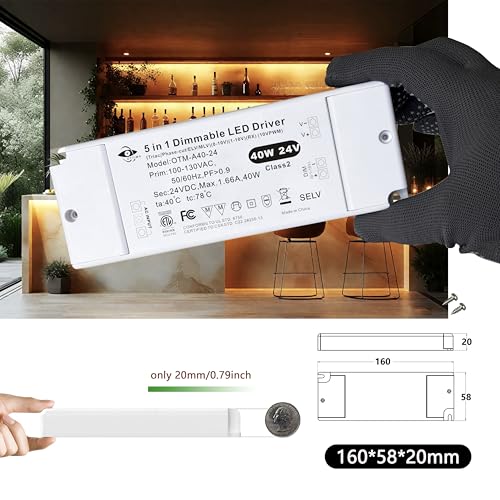 Image of Dimmable LED Driver 40W 24V, 5-in-1 Dimming Flicker-Free Power Supply with Lever-Actuated Push-in Terminals, Ultra-Slim Transformer for LED Strip Lights, Triac & 0-10V Compatible, ETL Listed