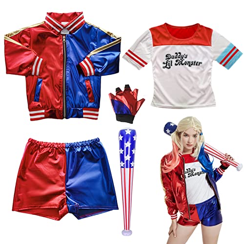 BARVERE Costume Harley Quinn pour adulte, carnaval, Halloween, cosplay, avec veste, t-shirt, short, gant, batte de baseball gonflable et tatouage, costume de joker pour carnaval, clown-XL Cover