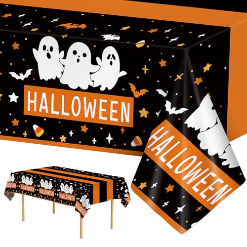 3 Pcs Halloween Tablecloths - Ghost Table Cloth, Disposable Plastic Black Orange Bat Picnic Table Cover Set for Indoor Outdoor Halloween Party Decorations Supplies Favors Tables Decor, 108 x 54 Inch
