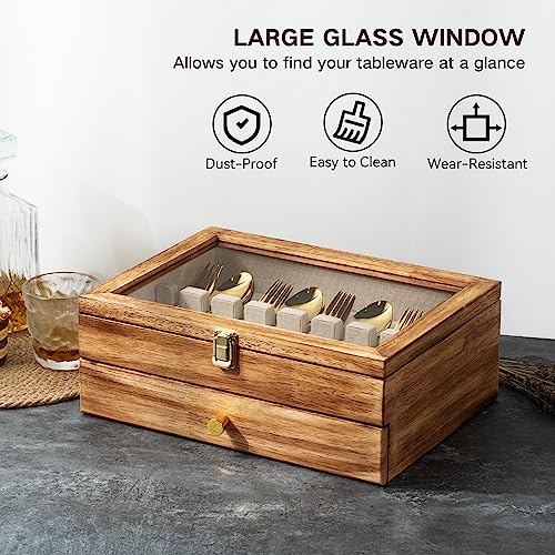 Yoimori Silverware Box, 2-Layer Wooden Silverware Storage Box With Glass Lid, 14.5×10.6 Inches Vintage Style Decor Flatware Storage Case For Fine Flatware & Utensils thumb #4