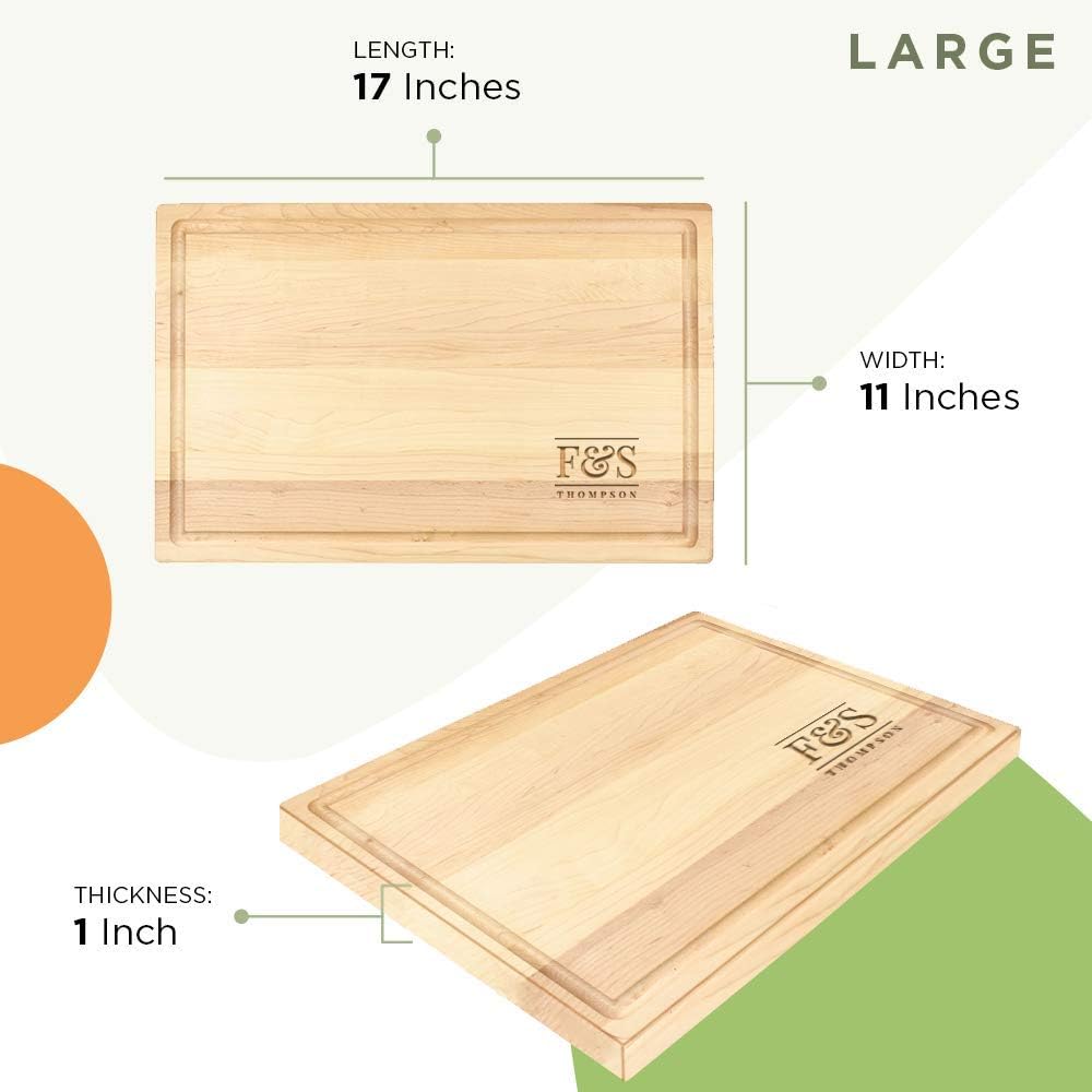 Initials + Surname-Personalized Wooden Cutting Board for Kitchen Juice Groove Natural Custom Engraved in USA, Housewarming Wedding Engaged Couples (Maple 11x17)
