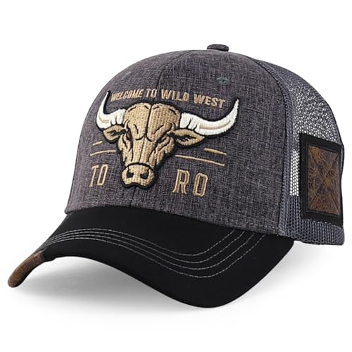Trendy Apparel Shop Bull Embroidered Western Snapback Trucker Cap - Charcoal Black 2