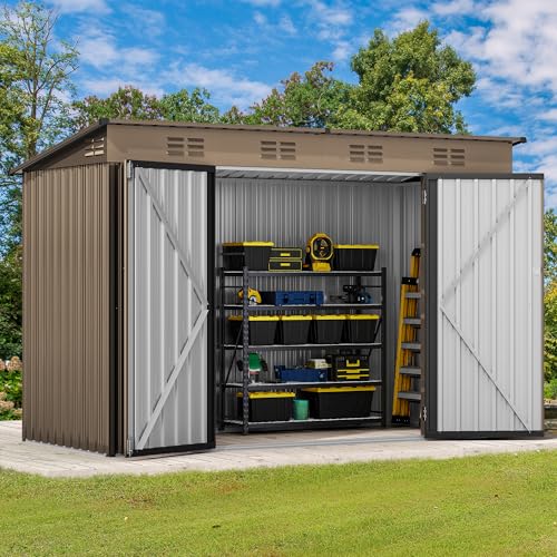 Image of DWVO 9 x 4' Outdoor Storage Shed, Large Metal Tool Sheds, Heavy Duty Storage House with Lockable Doors & Air Vent for Backyard Patio Lawn to Store Bikes, Tools, Lawnmowers, Brown