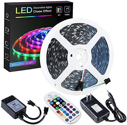 SPARKE RGBIC LED Strip Lights Sync to Music Chase Effect, 32.8ft/10m 5050SMD RGB 300LEDs Non-Waterproof Flexible Color Changing Tape Lights with RF Controller and 12V Power Supply for Indoor