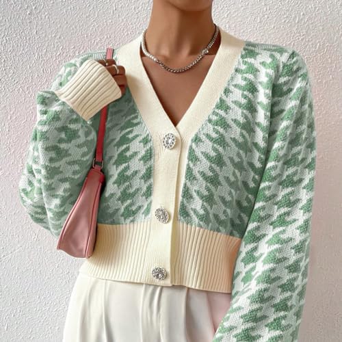 Women Houndstooth Print Button Down Crop Sweater Cardigan Lantern Sleeve V Neck Drop Shoulder Casual Crop Bolero4