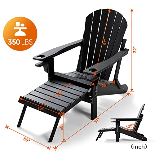Greenvines Folding Adirondack Chair With Retractable Ottoman, Hdpe Plastic Weather Resistant Fire Pit Chairs With Cup Holders & Footrest For Poolside Campfire Deck Patio Backyard Outdoor, Black #TOP1