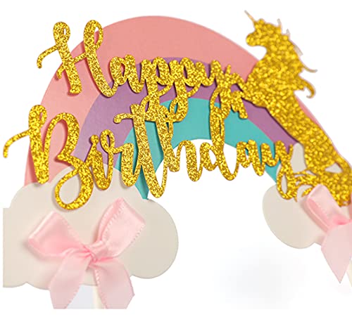 Cake Decorations 6Pcs - 1 Happy Birthday Unicorn Rainbow Cake Topper With 5 Gold And Pink Stars, Unicorn Theme Party, Gold Letters And Rainbow #TOP3