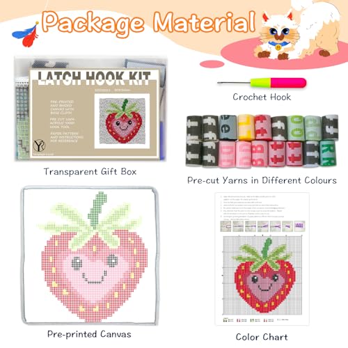 Image of YP Strawberry Smiley Face Latch Hook Kit for DIY Craft Lovers - 12x12 Inch Crochet Rug Making Set, Fun & Creative Home Decor Needlework Project for Beginners