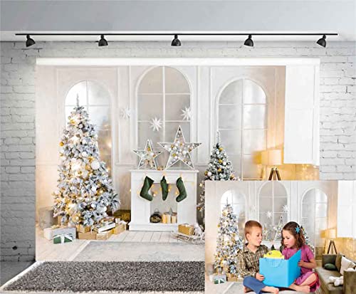 Haosphoto Christmas Backdrop for Photography 7X5FT Fireplace Backdrops Pine Trees Stocking French Window Sleigh Xmas Background for Merry Christmas and Happy New Year Photo Studio Props Vinyl HS913 - Image 3