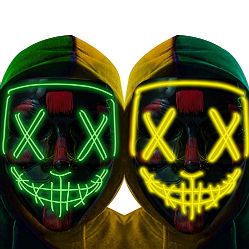 anroog Halloween Mask LED Light up Mask (2 Pack) Scary mask for Festival Cosplay Halloween Costume Masquerade Parties,Carnival ( neon Green+Yellow)