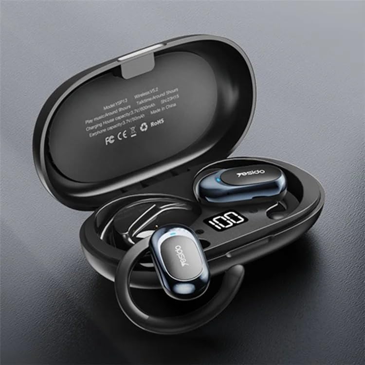 YESIDO YSP13 Earphones in their charging case, showing the digital battery display.