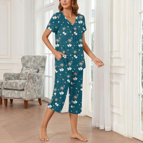 Image of Bestbee Women's Pajama Sets 2 Piece Lounge Outfits Summer Sleepwear V Neck Short Sleeve Capri Pant With Pockets Ladies Pjs