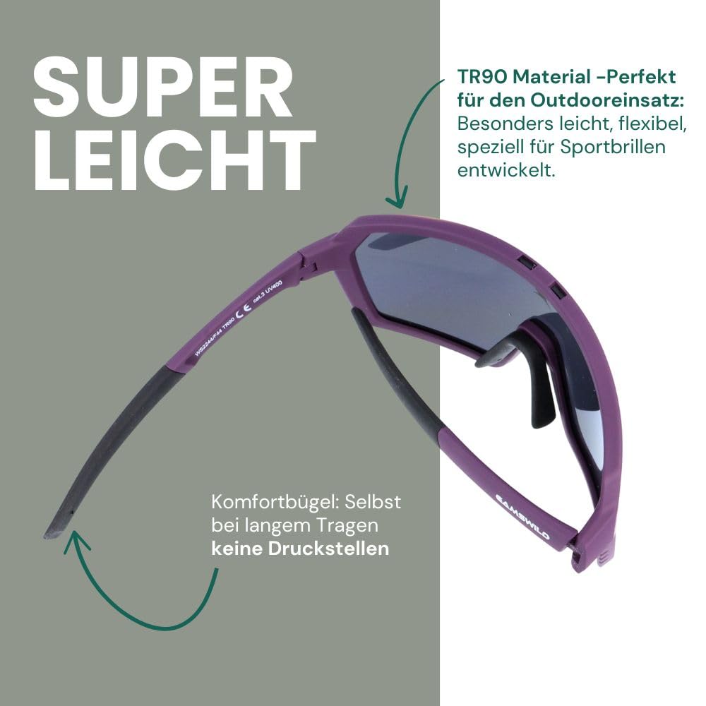 Gamswild WS2244 Sportbrille Sonnenbrille TR90 Fahrradbrille Skibrille Damen Herren Unisex verstellbare Nasenpads| grün | lila| orange |