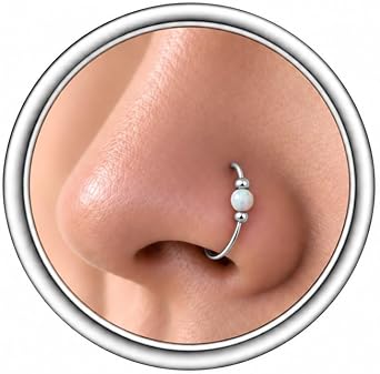 Thin 24g Silver Nose Ring - Delicate and Comfortable 925 Sterling Silver Hoop with 2mm White Opal - Trendy 24 Gauge 7mm Nose Piercing Jewelry