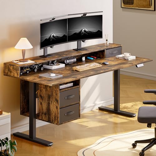 ONBRILL Standing Desk with Drawers, 63x24 Inch Electric Stand Up Desk with 3 Drawers and Open Storage Shelf, Adjustable Height 28-46 Inches for Home and Computer Workstation, Rustic Brown