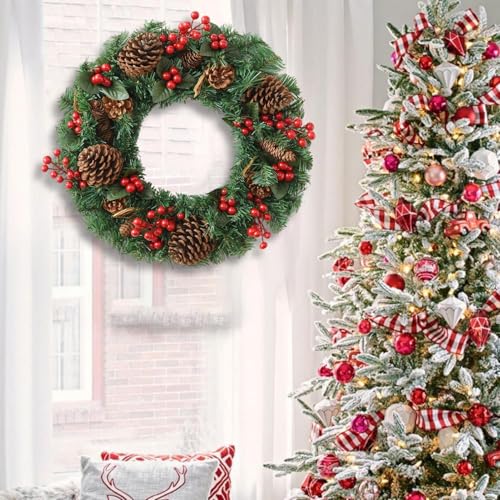 Corona de Navidad artificial shjxi con piñas y bayas rojas para puerta exterior 7