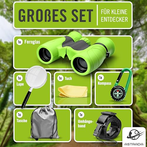ASTRADA® Fernglas für Kinder [XXL Entdecker-Set] Robustes Kinderfernglas ab 3 Jahre mit Lupe, Kompass, Tasche - 8x21 Vergrößerung & 1000m Sichtweite