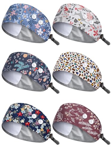 Floraltop 6 Pcs Satin Lined Scrub Caps Women Nurse Surgical Hat with Buttons Ponytail Working Adjustable Pouch Tie Back (Gourd Shaped Style)