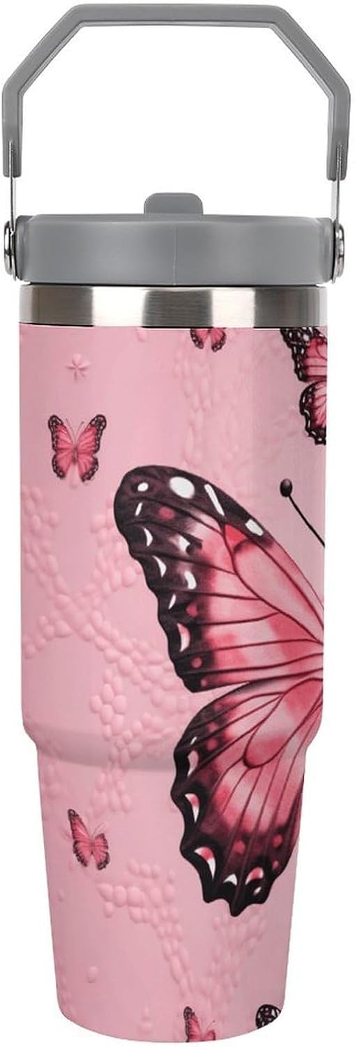 30oz Insulated Tumblers with Top Handle, Stainless Steel Butterfly Car Cup with Straw for Gift, Leak-Proof Double Wall Vacuum Travel Mug, Personalized Water Bottles White