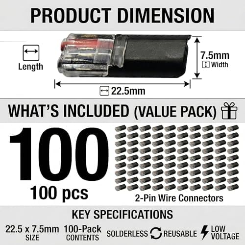 Wire Connectors Quick Connect 2 Pin Low Voltage Double Wire Plug in Connector with Locking Buckle, Solderless No-Stripping Design for LED Strip Lights, Automotive and Home DIY (100 PCS) — view 6